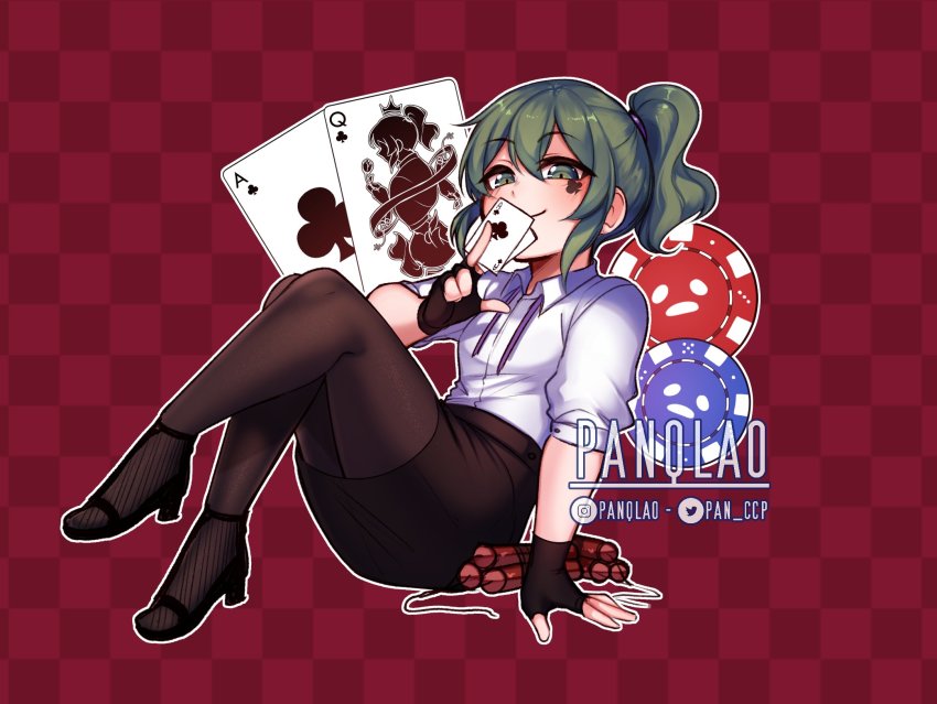 1girl, ace_(playing_card), ace_of_clubs, card, club_(shape), dress_shirt, dynamite, explosive