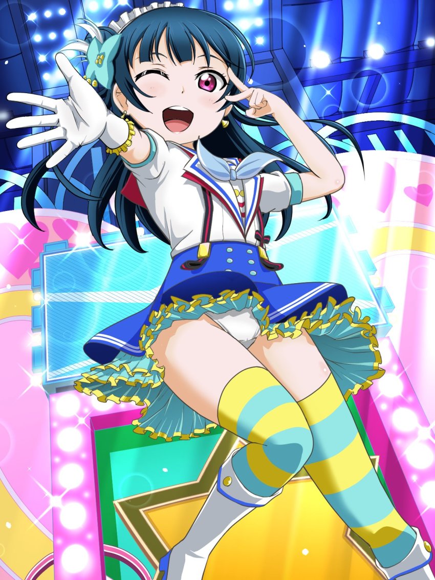 1girl, ;d, aozora_jumping_heart, aqua_skirt, aqua_thighhighs, blue_hair, blue_skirt, boots