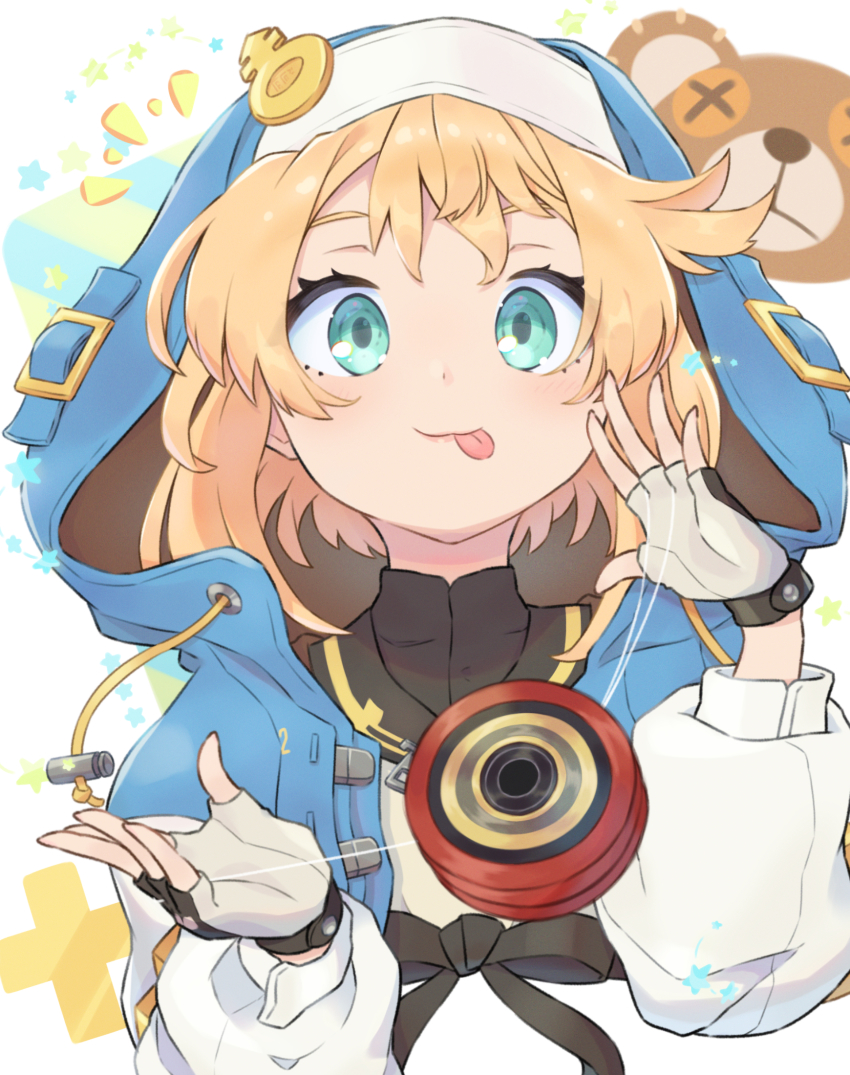 1boy, :p, androgyne_symbol, blonde_hair, blue_eyes, bridget_(guilty_gear), united_kingdom, commentary_request, fighting_game, fingerless_gloves, gloves, gorirasaru440, guilty_gear, guilty_gear_strive, happy, highres, hood, hooded_jacket, jacket, long_hair, long_sleeves, looking_at_viewer, male_focus, notice_lines, raglan_sleeves, smile, tongue, tongue_out, trap, upper_body, yo-yo