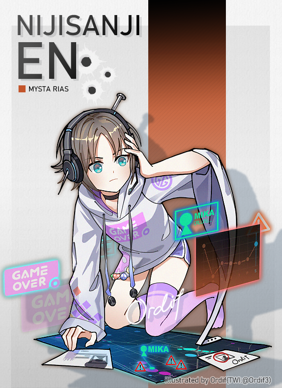 1boy, artist_name, asymmetrical_legwear, black_choker, brown_hair, choker, cosplay, game_over, green_eyes, headphones, headset, holographic_interface, holographic_monitor, hood, hoodie, mika_melatika, mika_melatika_(cosplay), mysta_rias, nail_hair_ornament, nijisanji, nijisanji_en, nijisanji_id, no_shoes, ordif, short_hair, shorts, signature, solo, thighhighs, virtual_youtuber, white_hoodie, wide_sleeves