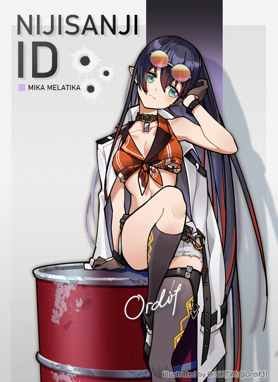 1girl, artist_name, asymmetrical_legwear, black_gloves, black_hair, bracelet, breasts, character_name