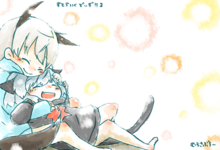 2girls, animal_ears, blonde_hair, blush, chibi, eila_ilmatar_juutilainen, hood, hoodie