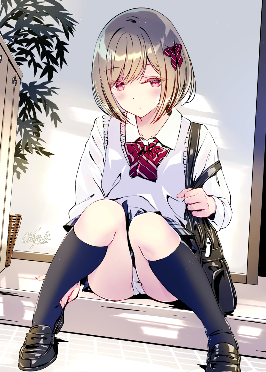 1girl, :<, ascot, bad_id, bad_pixiv_id, bag, black_bag, black_socks, blonde_hair, bow, closed_mouth, collared_shirt, crotch_seam, dot_nose, hair_bow, highres, holding_strap, knees_up, kobayashi_chisato, light_particles, loafers, long_sleeves, looking_at_viewer, original, panties, panty_peek, plant, potted_plant, red_ascot, red_bow, red_eyes, school_bag, school_uniform, shirt, shoes, signature, sitting, skindentation, socks, solo, squatting, striped_ascot, striped_bow, sweater_vest, thighs, underwear, white_panties, white_shirt