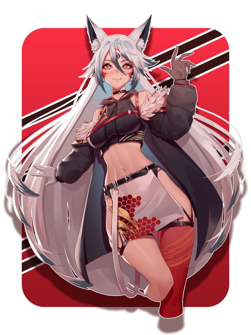 1girl, animal_ears, aruuu, asymmetrical_legwear, bare_shoulders, belt, belt_buckle, black_belt, black_choker, black_shirt, border, breasts, buckle, choker, colored_tips, crop_top, detached_sleeves, evil_geniuses_(team), facial_mark, feather_trim, feet_out_of_frame, forehead_mark, gloves, grey_gloves, hair_between_eyes, hand_up, highres, indie_virtual_youtuber, inhoso, long_hair, long_sleeves, medium_breasts, midriff, multicolored_hair, navel, pelvic_curtain, puffy_detached_sleeves, puffy_sleeves, red_background, red_thighhighs, shirt, smile, solo, suspenders, thighhighs, two-tone_hair, underboob, virtual_youtuber, white_hair, yellow_eyes