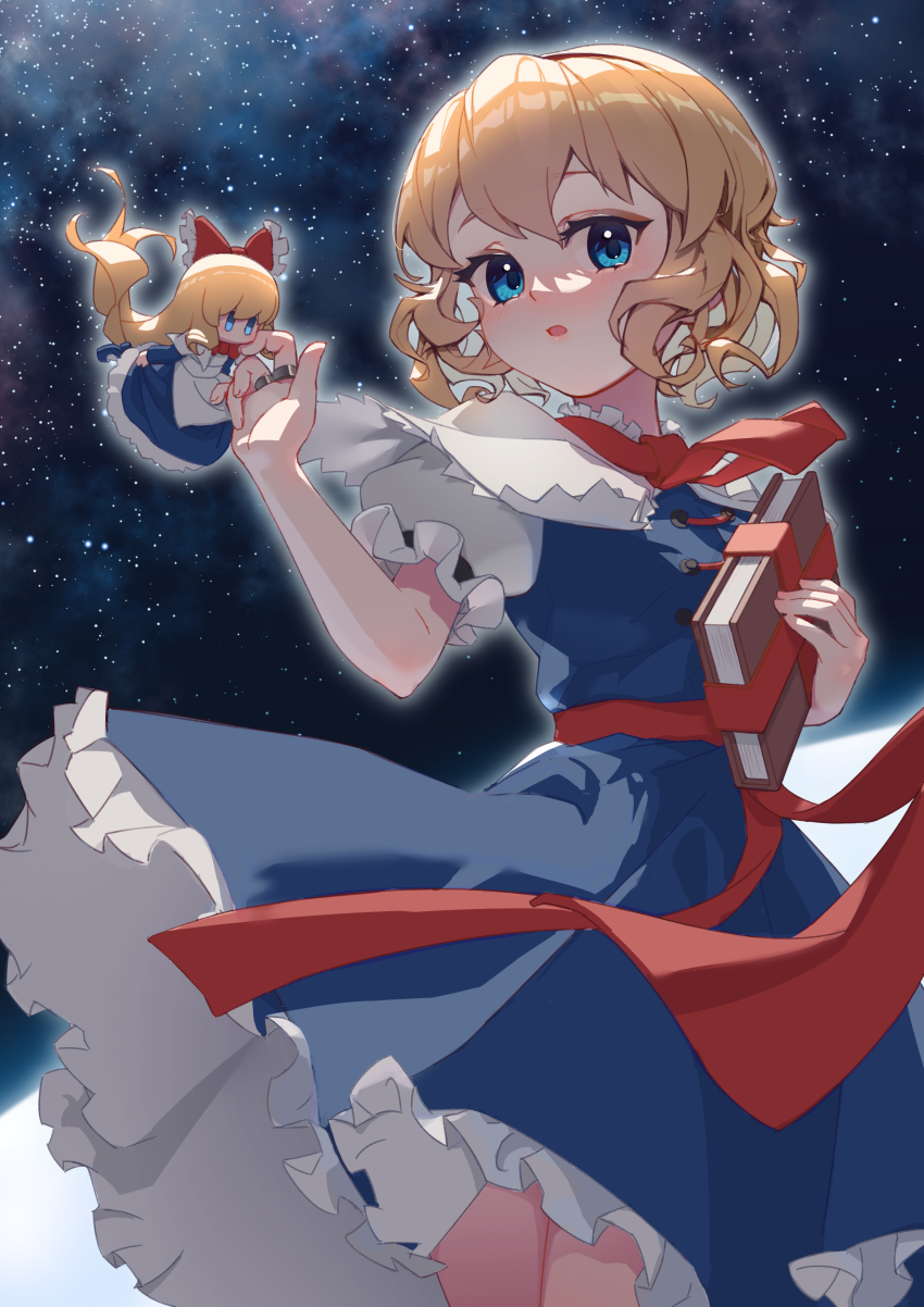 1girl, absurdres, alice_margatroid, arm_up, blonde_hair, blue_dress, blue_eyes, blush