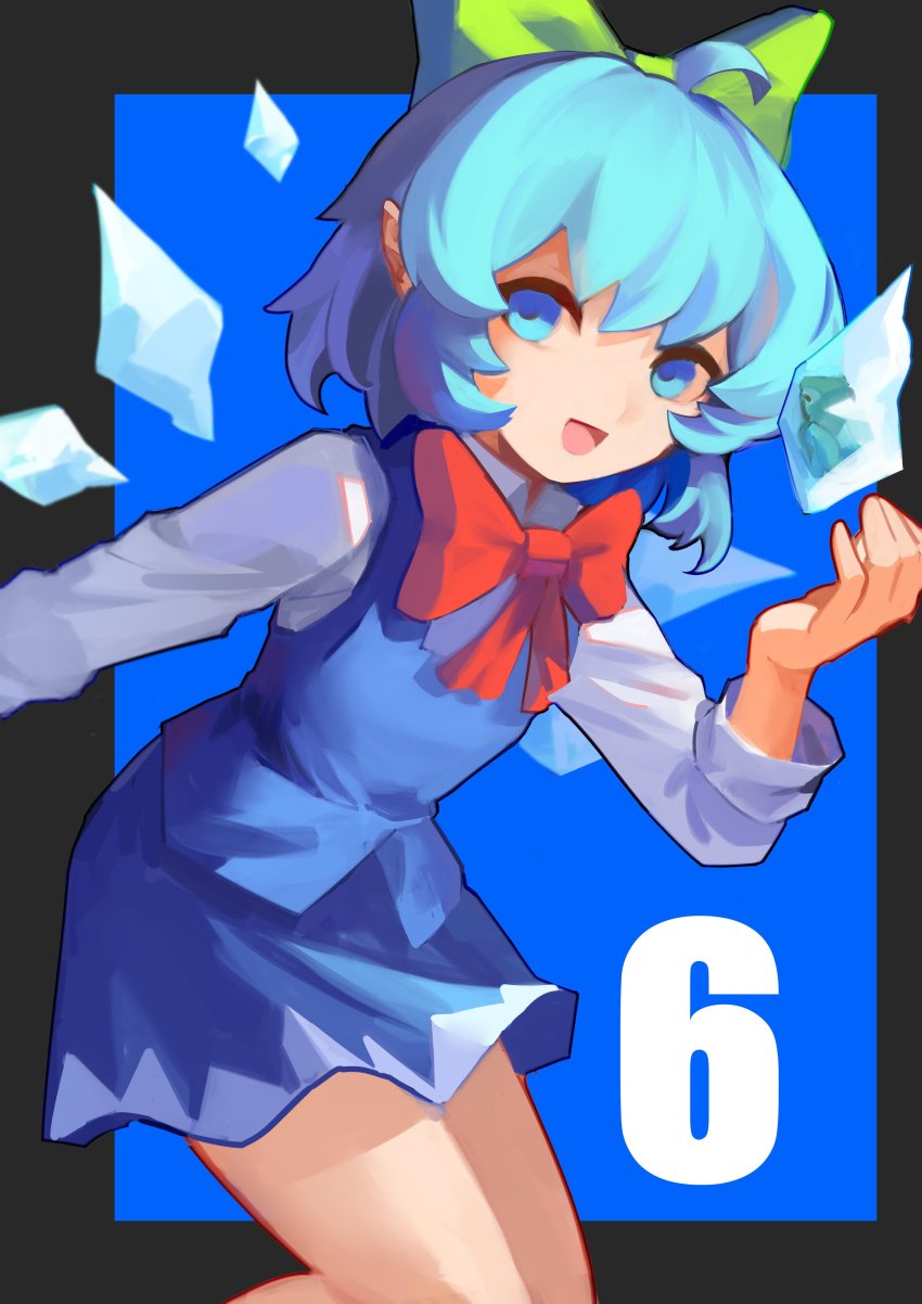 1girl, :d, absurdres, ahoge, black_border, blue_background, blue_dress, blue_eyes, blue_hair, border, bow, bowtie, cirno, commentary, cowboy_shot, cryokinesis, dress, english_commentary, flat_chest, frozen_frog, green_bow, hair_between_eyes, hair_bow, hand_up, highres, ice, ice_wings, kawuyuckie, long_sleeves, looking_at_viewer, open_mouth, pinafore_dress, pointy_ears, red_bow, red_bowtie, second-party_source, shirt, simple_background, sleeveless_dress, smile, solo, thighs, touhou, white_shirt, wing_collar, wings