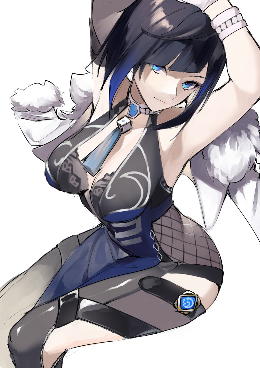1girl, absurdres, arm_up, beads, black_hair, blue_eyes, blue_hair, breasts