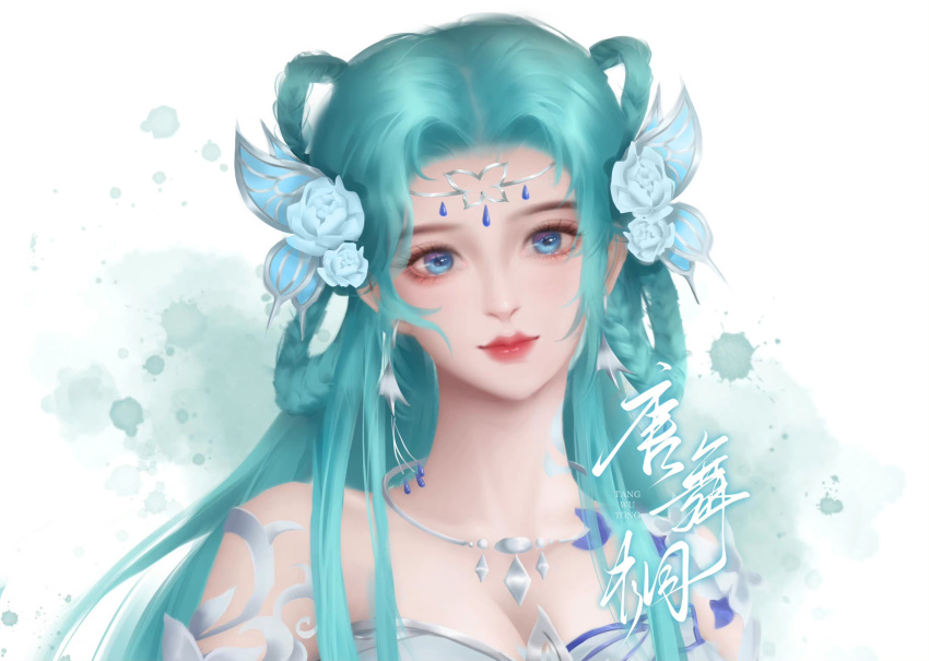 1girl, bare_shoulders, blue_eyes, blue_hair, braid, braided_hair_rings, closed_mouth, detached_sleeves, douluo_dalu, dress, earrings, hair_rings, highres, jewelry, long_hair, necklace, paint_splatter, portrait, shi_zengyu_yu_guang, smile, solo, tang_wutong_(douluo_dalu), white_background, white_dress