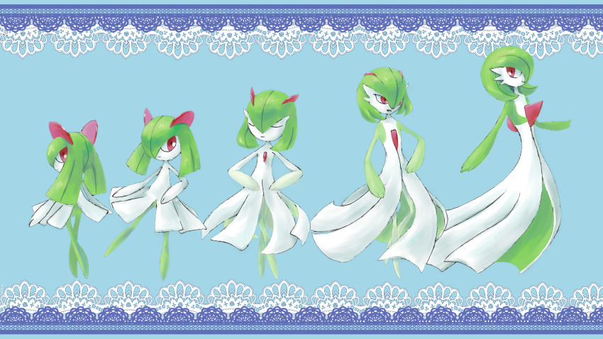 1girl, age_progression, blue_background, bob_cut, closed_eyes, closed_mouth, colored_skin, female_focus, flat_chest, from_behind, full_body, gardevoir, gen_3_pokemon, green_hair, green_skin, hair_over_one_eye, happy, highres, hinata_kanata, kirlia, long_hair, looking_at_viewer, looking_back, looking_to_the_side, multicolored_skin, multiple_views, nintendo, no_feet, one_eye_covered, open_mouth, pokemon, pokemon_(creature), red_eyes, short_hair, sidelocks, smile, standing, two-tone_skin, u_u, white_skin