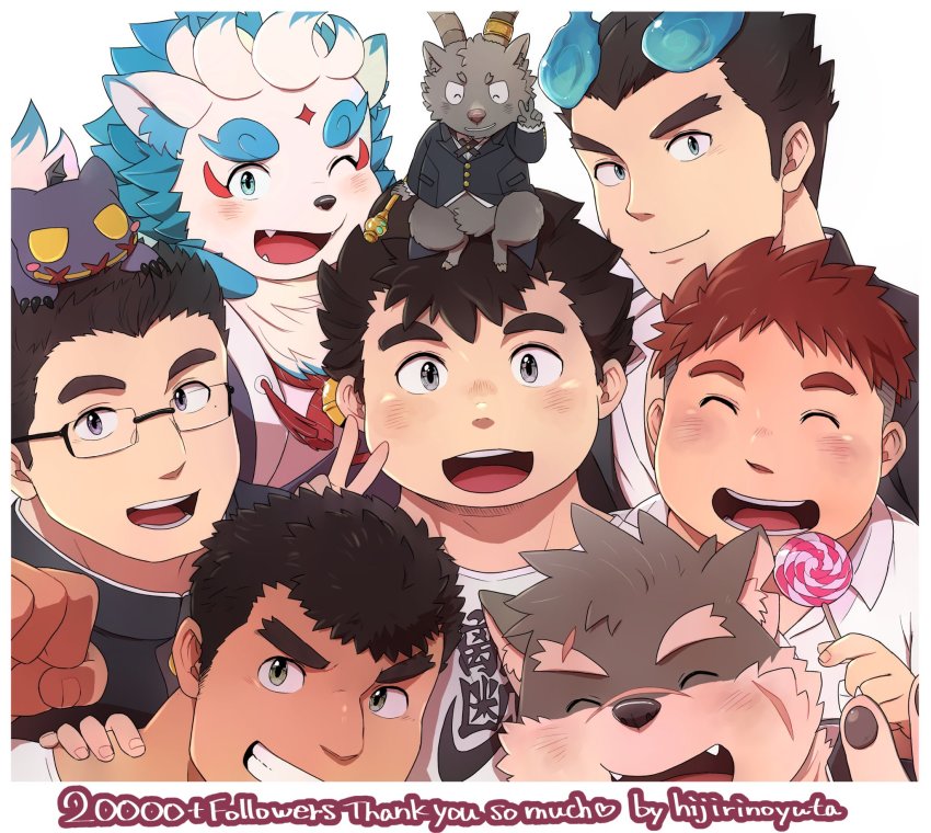 6+boys, agyo_(housamo), animal_ears, animal_nose, aqua_fur, black-framed_eyewear, black_hair, blue_eyes, blue_fire, blush, body_fur, border, brown_fur, brown_hair, candy, closed_eyes, closed_mouth, collared_shirt, commentary_request, creature, devil_(housamo), dog_boy, dog_ears, english_text, eyebrow_cut, facial_mark, facial_scar, fangs, fangs_out, fiery_hair, fiery_horns, fire, food, forked_eyebrows, formal_clothes, furry, furry_male, gakuran, glasses, goat_boy, goat_horns, grey_eyes, grin, highres, hijirino_yuuta, holding, holding_staff, horns, komainu_boy, komainu_ears, lollipop, looking_at_viewer, male_focus, protagonist_5_(housamo), milestone_celebration, mole, mole_under_eye, moritaka_(housamo), motoori_shiro, multiple_boys, open_mouth, rimless_eyewear, sakimori_toji, salomon_(housamo), scar, scar_on_cheek, scar_on_face, school_uniform, shirt, short_hair, smile, snout, staff, suit, swirl_lollipop, takabushi_kengo, thick_eyebrows, tokyo_houkago_summoners, upper_body, white_background, white_border, white_fur, yakushimaru_ryota