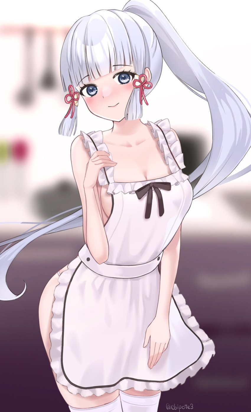 1girl, apron, ayaka_(genshin_impact), bare_arms, blue_eyes, blunt_bangs, blunt_tresses, blurry, blurry_background, blush, breasts, closed_mouth, ebipote3, floating_hair, flower_knot, frilled_apron, frills, genshin_impact, hair_ribbon, hand_up, highres, long_hair, medium_breasts, naked_apron, ponytail, ribbon, sideboob, sidelocks, solo, thighhighs, tress_ribbon, twitter_username, white_apron, white_hair, white_thighhighs