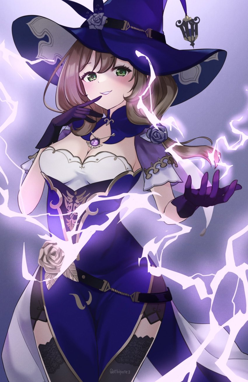 1girl, blue_hat, blush, breasts, brooch, brown_hair, cleavage, ebipote3