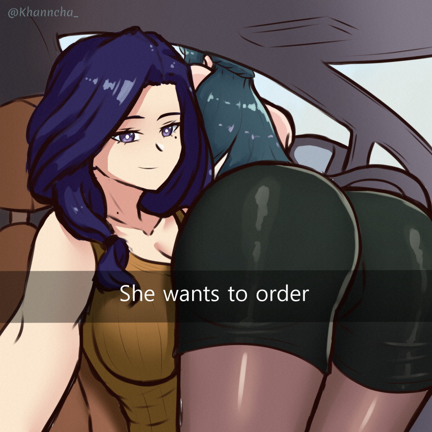 absurdres, breasts, car, citra_o'hara_(khanncha_), dina_(kirinkirin), he_wants_to_order_(meme), highres, khanncha_, kirinkirin, knzo, large_breasts, mature_female, meme, mole, mole_on_neck, mole_under_eye, motor_vehicle, purple_eyes, purple_hair, sandp1e, shorts, smile, snapchat, sweater, thighhighs