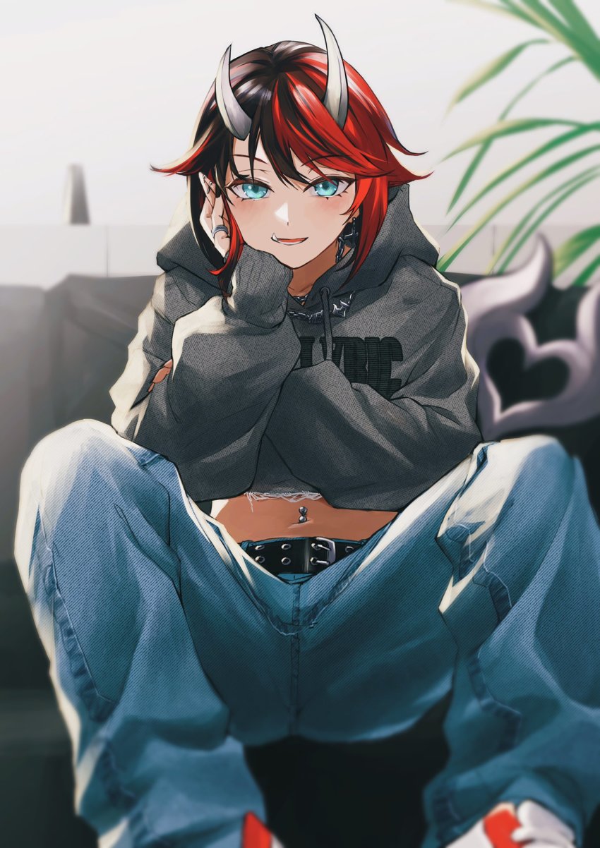 1girl, alternate_costume, belt, black_belt, black_hair, blue_eyes, blue_pants, blush, commentary_request, couch, cropped_hoodie, demon_girl, demon_horns, demon_tail, denim, ear_piercing, earrings, feet_out_of_frame, gin_(tttetu123), grey_hoodie, hand_on_own_cheek, hand_on_own_face, highres, hood, hood_down, hoodie, horns, jeans, jewelry, long_sleeves, looking_at_viewer, midriff, multicolored_hair, nanashi_inc., navel, navel_piercing, open_mouth, pants, piercing, plant, pointy_ears, potted_plant, red_hair, red_shoes, ring, ryugasaki_rene, shoes, short_hair, sitting, smile, sneakers, solo, tail, two-tone_hair, virtual_youtuber