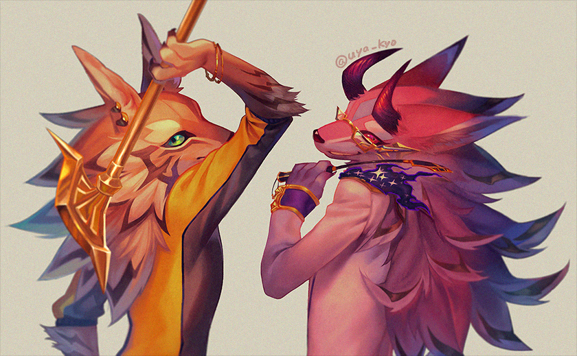 2boys, animal_ears, bael_(housamo), black_fire, body_fur, bracelet, brown_fur, cane