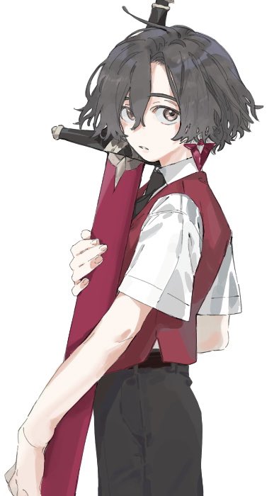 1boy, aged_down, black_hair, black_necktie, black_pants, brown_eyes, collared_shirt, constantine_xi_(fate)