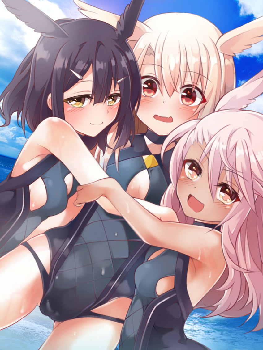 3girls, armpit_crease, armpit_peek, bare_shoulders, black_hair, black_one-piece_swimsuit, blush, breasts, brown_eyes, cameltoe, chloe_von_einzbern, cleavage_cutout, clothing_cutout, cosplay, dark-skinned_female, dark_skin, fate/grand_order, fate/kaleid_liner_prisma_illya, fate_(series), hair_between_eyes, hair_ornament, hairclip, head_wings, highleg, highleg_one-piece_swimsuit, highres, illyasviel_von_einzbern, long_hair, looking_at_viewer, miyu_edelfelt, mochi_(k620803n), multiple_girls, one-piece_swimsuit, open_mouth, orange_eyes, pink_hair, red_eyes, sidelocks, small_breasts, smile, swimsuit, thrud_(fate), thrud_(swimsuit_assassin)_(fate), valkyrie_(fate), valkyrie_(fate)_(cosplay), white_hair, wings