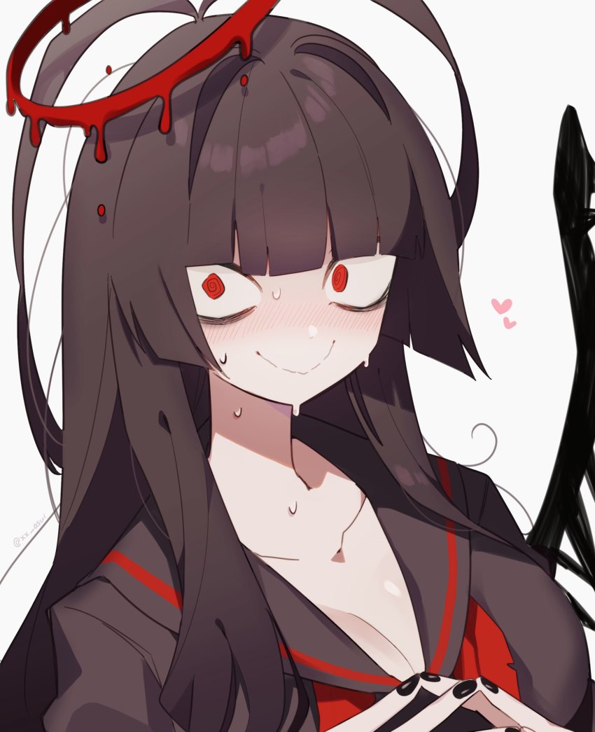 @_@, black_hair, black_serafuku, black_wings, blood, blood_halo, blue_archive, blunt_bangs, blush, collarbone, halo, highres, liquid_halo, neckerchief, red_eyes, red_neckerchief, school_uniform, serafuku, smile, sweat, tsurugi_(blue_archive), wings, xx_asui