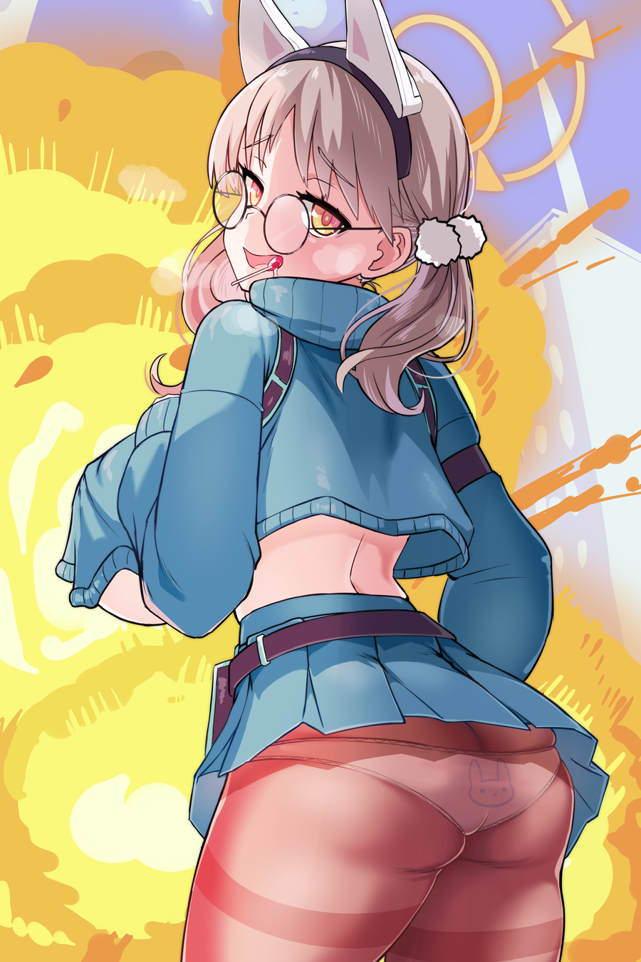 1girl, ass, back-print_panties, black_panties, blue_archive, blue_skirt, blue_sweater, breasts