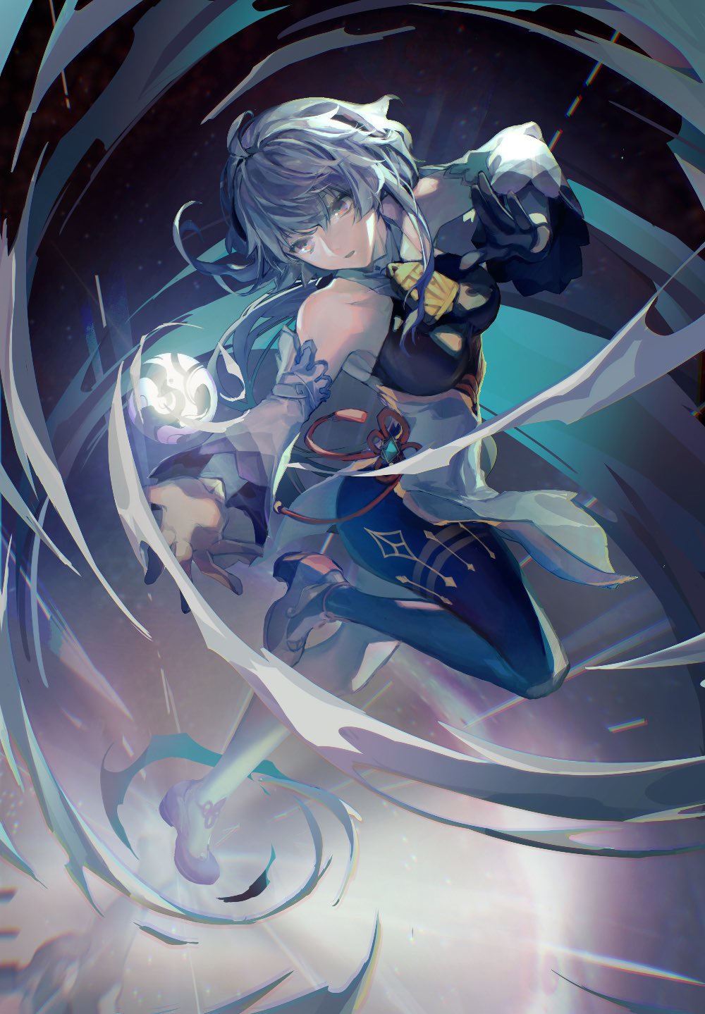 1girl, ahoge, bare_shoulders, bell, black_gloves, black_pantyhose, blue_hair, breasts