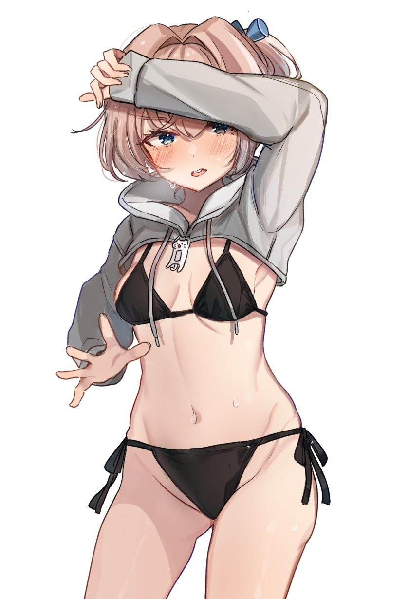 1girl, aqua_eyes, bikini, black_bikini, blue_eyes, breasts, cowboy_shot, cropped_hoodie