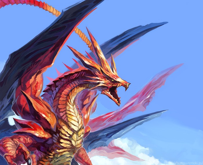 1990s_(style), 1boy, bahamut_(final_fantasy), bahamut_kai, day, dragon, final_fantasy, final_fantasy_vii, inadaokiki, male_focus, no_humans, open_mouth, retro_artstyle, sky, solo