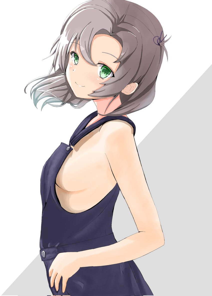 1girl, alternate_costume, breasts, commentary_request, disuto, green_eyes, grey_hair, hair_tie
