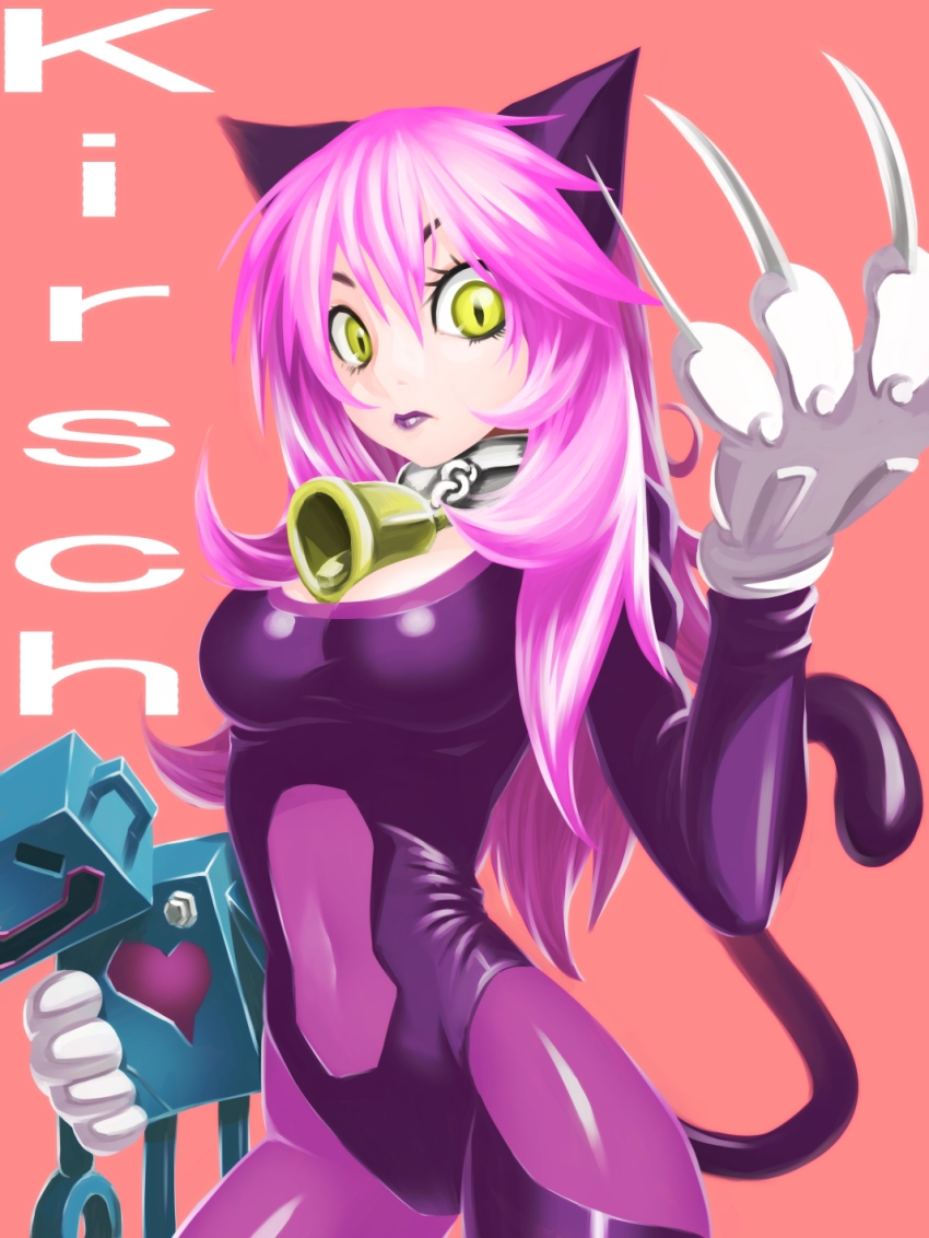 1girl, animal_ears, bad_id, bad_pixiv_id, bell, bodysuit, cat_ears, cat_tail, claws, collar, female_focus, green_eyes, highres, jing_king_of_bandits, kirsch_(jing_king_of_bandits), latex, leotard, lipstick, long_hair, makeup, neck_bell, pink_hair, purple_bodysuit, purple_lips, skin_tight, solo, tail, todoroki_(pixiv), todoroki_(xttn9dul)