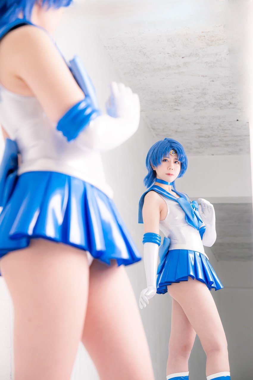 1girl, bare_shoulders, bishoujo_senshi_sailor_moon, blue_hair, cosplay, highres, magical_girl, miniskirt, mizuno_ami, panties, sailor_mercury, sailor_mercury_(cosplay), short_hair, skirt, sleeveles, toyosama0, underwear