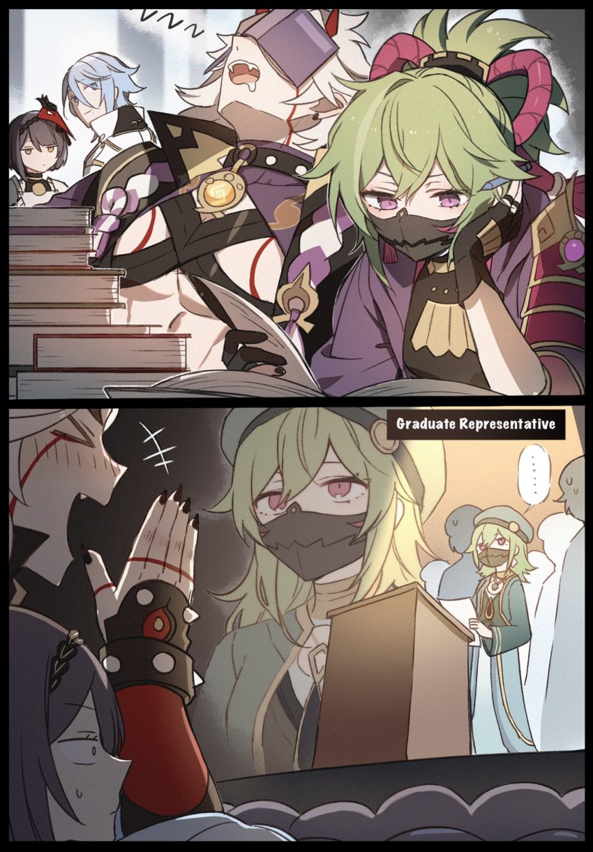 >_<, +++, ..., 2boys, 2girls, arataki_itto, armor, black_nails