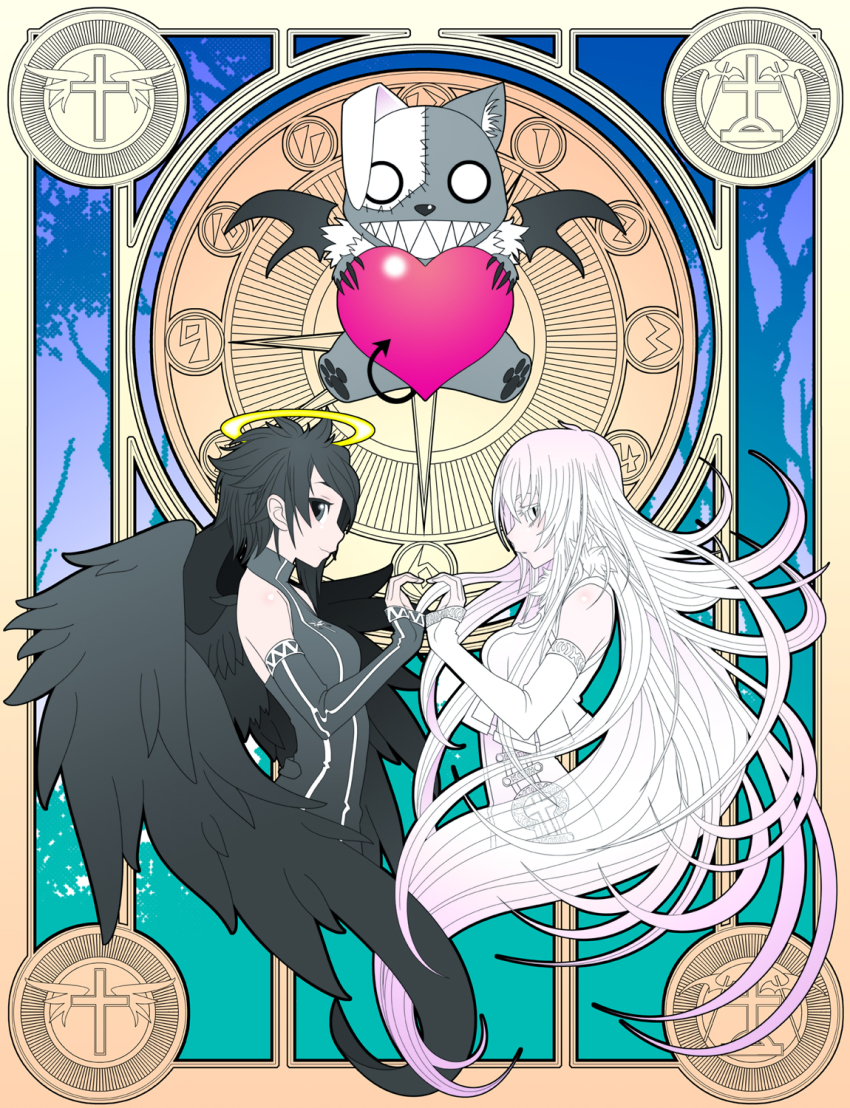 2girls, albino, bad_id, bad_pixiv_id, black_eyes, black_hair, elbow_gloves, gloves