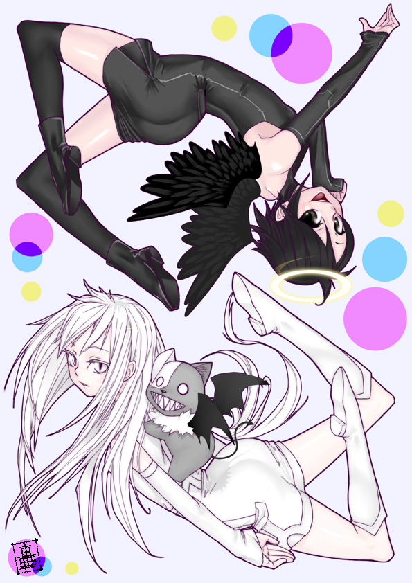 2girls, albino, bad_id, bad_pixiv_id, black_eyes, black_hair, elbow_gloves, gloves