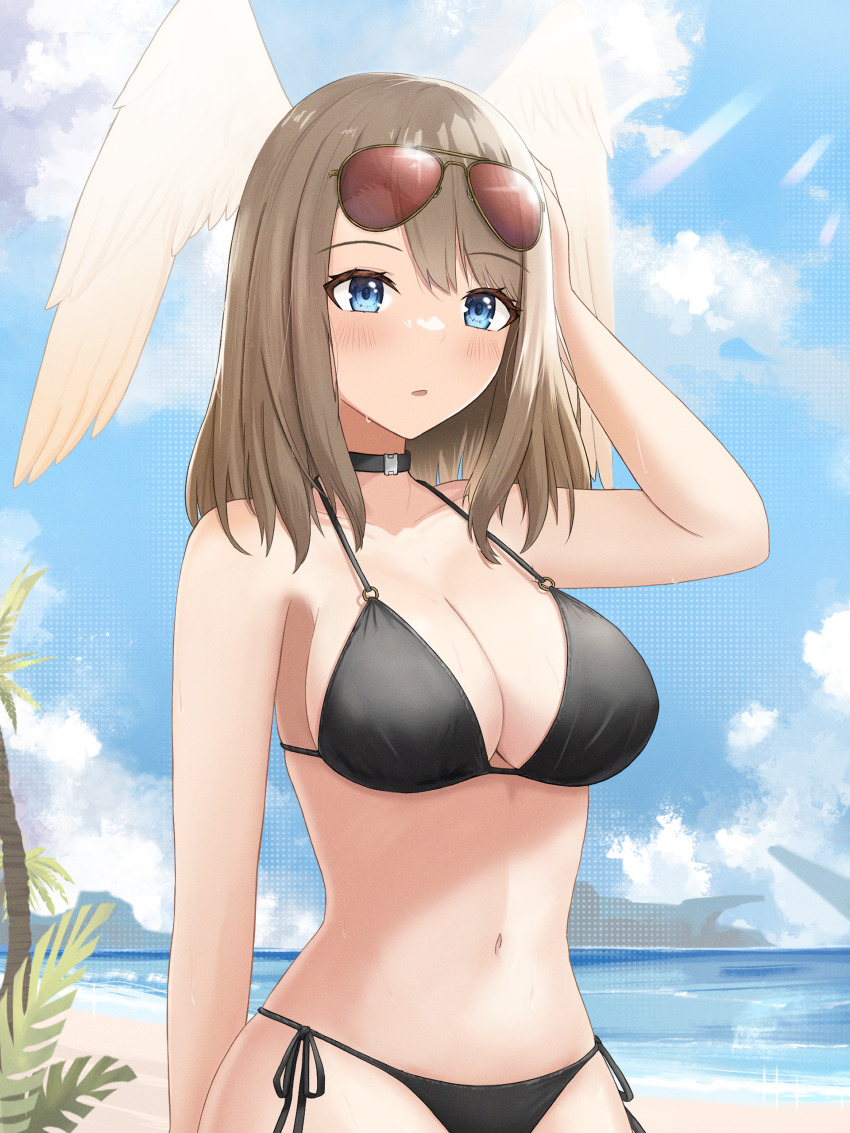 1girl, :o, absurdres, aviator_sunglasses, beach, bikini, black_bikini, black_choker, blue_eyes, blush, breasts, brown_hair, choker, cleavage, eunie_(xenoblade), eyewear_on_head, hand_on_own_head, head_wings, highres, keaworks, large_breasts, looking_at_viewer, medium_hair, navel, o-ring, ocean, open_mouth, palm_leaf, palm_tree, sand, side-tie_bikini_bottom, sideboob, solo, string_bikini, summer, sunglasses, swept_bangs, swimsuit, tree, white_wings, wings, xenoblade_chronicles_(series), xenoblade_chronicles_3