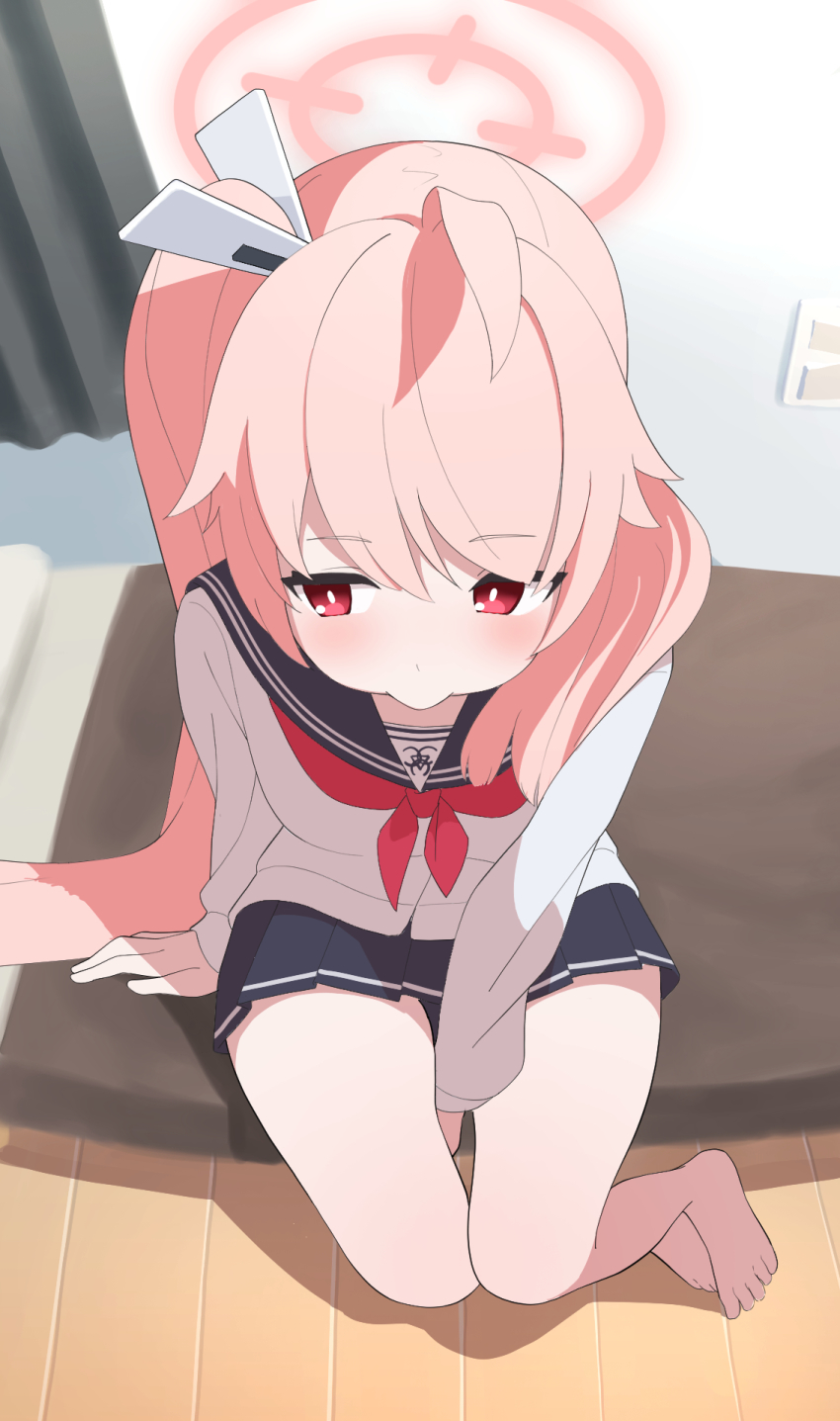 1girl, ahoge, bed, blue_archive, blush, cardigan, curtains, from_above, hair_flaps, hair_ornament, hairclip, halo, hibiyairo, highres, indoors, light_switch, long_hair, long_sleeves, looking_away, miniskirt, natsu_(blue_archive), neckerchief, on_bed, pink_hair, pleated_skirt, red_eyes, red_neckerchief, school_uniform, serafuku, side_ponytail, sitting, skirt, solo, swept_bangs, white_cardigan