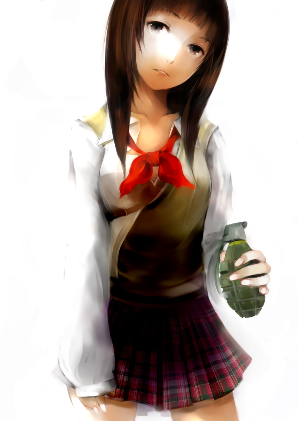 1girl, bad_id, bad_pixiv_id, black_eyes, brown_hair, explosive, female_focus, grenade
