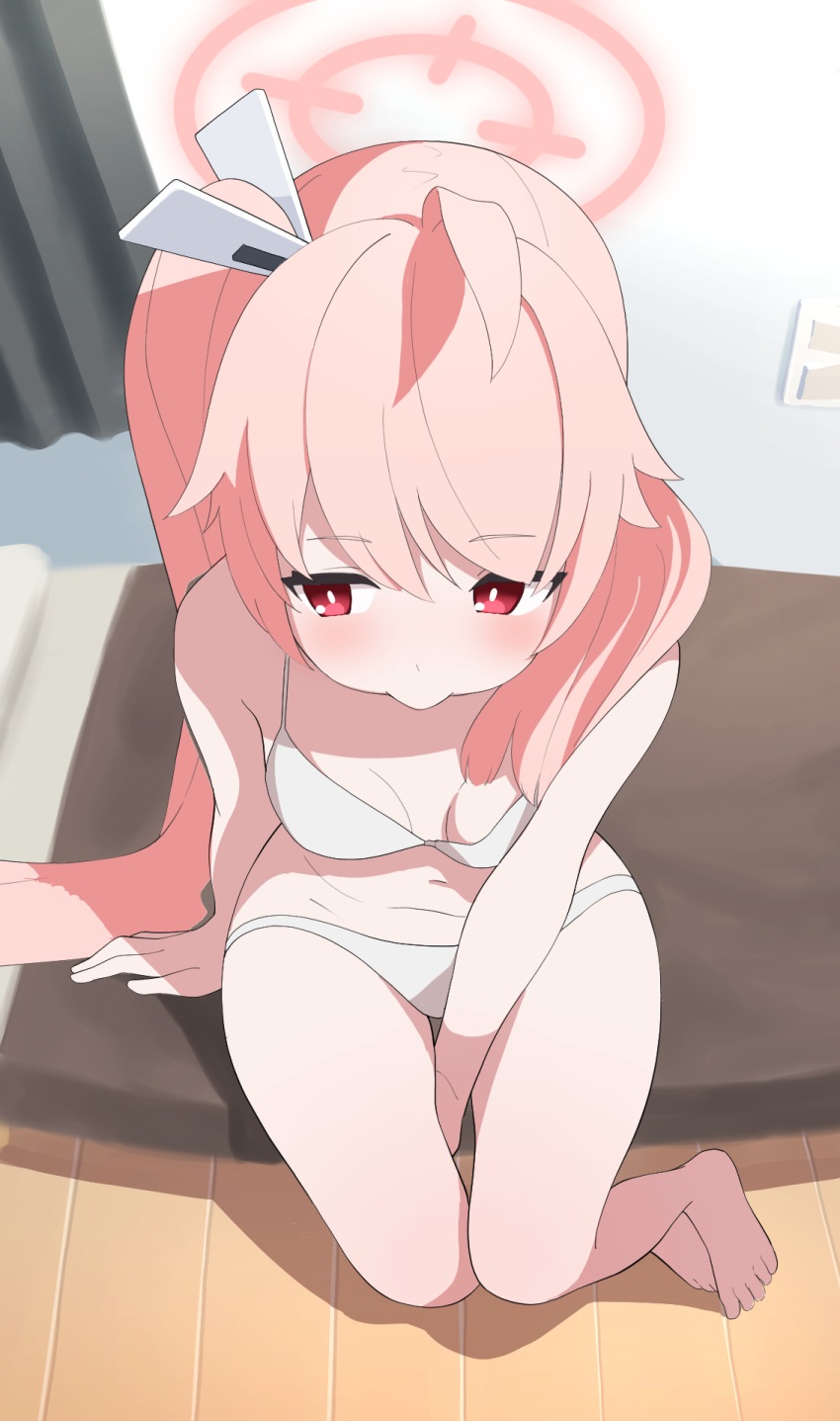 1girl, ahoge, arm_support, bare_shoulders, bed, blue_archive, blush, bra, breast_press, breasts, curtains, from_above, hair_flaps, hair_ornament, hairclip, halo, hibiyairo, highres, indoors, light_switch, long_hair, looking_away, natsu_(blue_archive), navel, on_bed, panties, pink_hair, red_eyes, side_ponytail, sitting, small_breasts, solo, stomach, swept_bangs, underwear, white_bra, white_panties