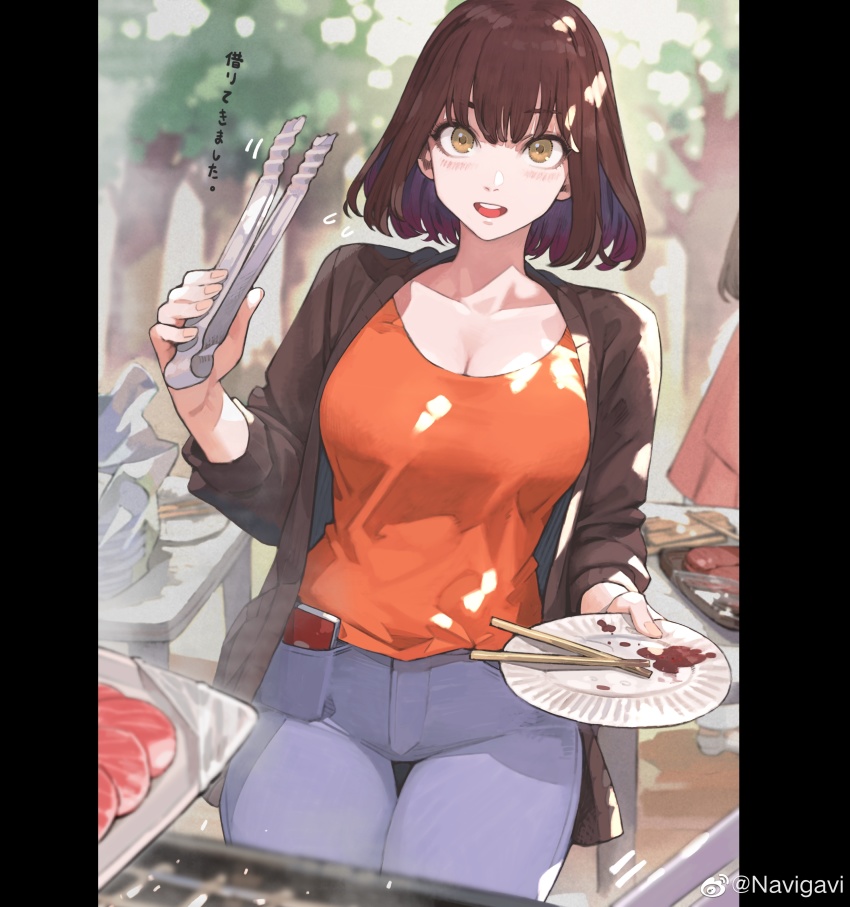 1girl, absurdres, breasts, brown_hair, cellphone, chopsticks, denim, flying_sweatdrops