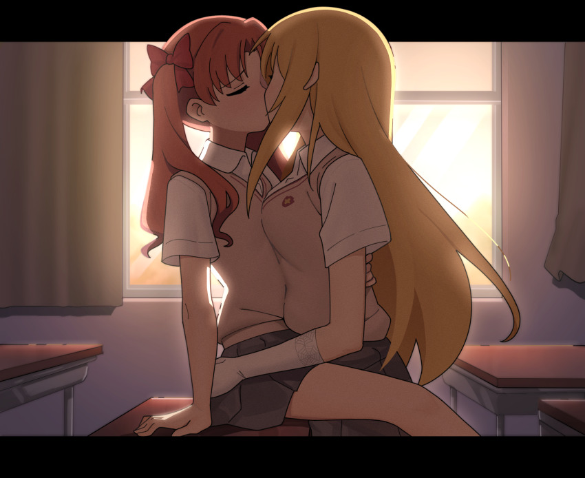 2girls, ass_grab, black_skirt, blonde_hair, bow, breasts, brown_vest, classroom, closed_eyes, curtains, desk, female_focus, flat_chest, gloves, hair_bow, highres, hug, kiss, long_hair, multiple_girls, on_desk, red_bow, red_hair, school_desk, school_uniform, shirai_kuroko, shirt, shokuhou_misaki, short_sleeves, sitting, skirt, sleepy_frippy, small_breasts, toaru_kagaku_no_mental_out, toaru_kagaku_no_railgun, toaru_majutsu_no_index, tokiwadai_school_uniform, twintails, vest, white_gloves, white_shirt, window, yuri