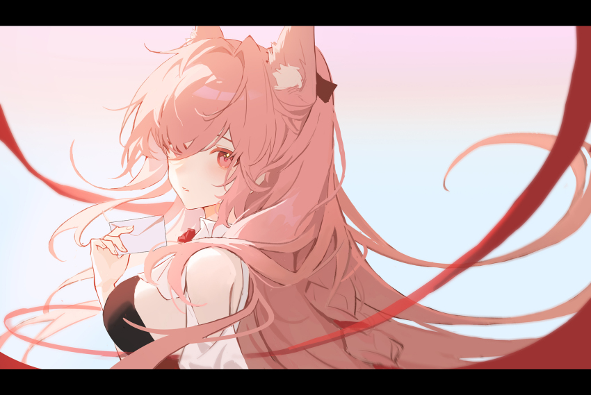 1girl, animal_ear_fluff, animal_ears, arknights, bare_shoulders, envelope, from_side, gradient_background