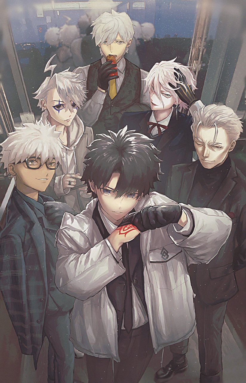 6+boys, alternate_costume, archer_(fate), black-framed_eyewear, black_footwear, black_gloves, black_hair, black_jacket