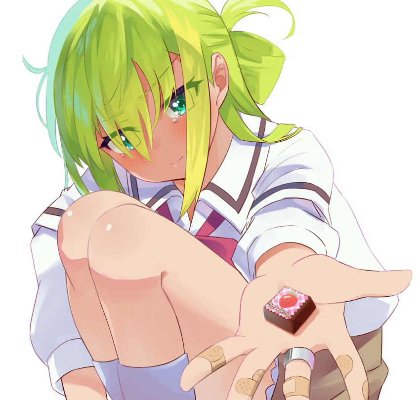 1girl, alina_gray, aqua_eyes, bandaid, blunt_ends, blush, bow, bowtie