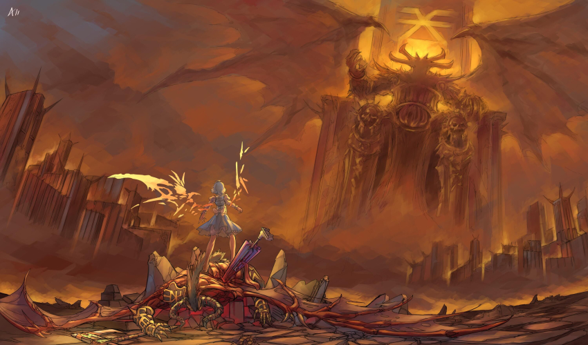 1girl, 2others, a-xii, after_battle, armor, axe, blood, bloodthirster