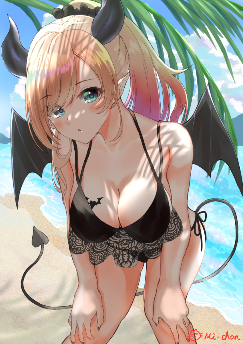 1girl, :o, alternate_costume, aqua_eyes, bat_tattoo, beach, bikini, black_bikini, black_nails, blonde_hair, blue_sky, blush, breast_tattoo, breasts, cleavage, cloud, cloudy_sky, commentary, dappled_sunlight, day, demon_girl, demon_horns, demon_tail, demon_wings, eyes_visible_through_hair, feet_out_of_frame, gradient_hair, hands_on_own_knees, highres, hololive, horns, leaning_forward, long_hair, looking_at_viewer, medium_breasts, michan127neko, multicolored_hair, nail_polish, ocean, outdoors, parted_lips, pink_hair, pointy_ears, ponytail, scrunchie, shade, side-tie_bikini_bottom, signature, sky, solo, sunlight, swept_bangs, swimsuit, tail, tattoo, two-tone_hair, virtual_youtuber, winged_heart, winged_heart_tattoo, wings, yuzuki_choco, yuzuki_choco_(hololive_summer_2019)