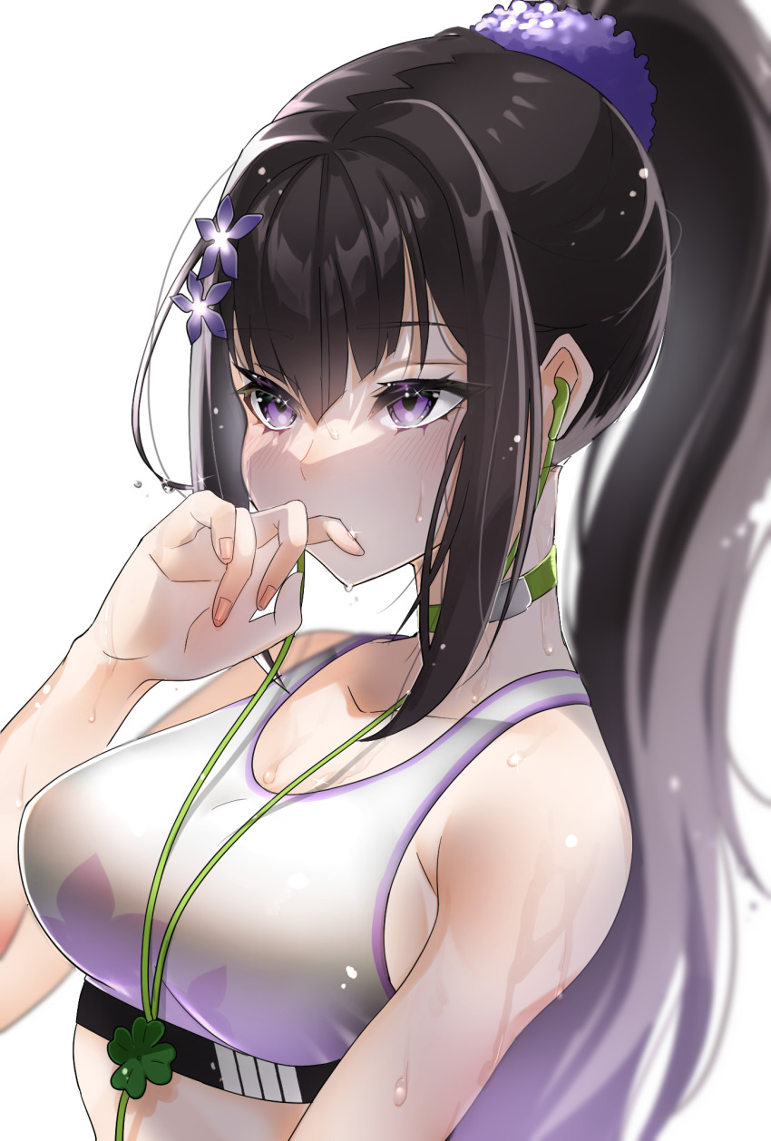 1girl, black_hair, blue_archive, breasts, choker, closed_mouth, crop_top, flower, green_choker, hair_flower, hair_ornament, highres, large_breasts, light_blush, long_hair, looking_at_viewer, midriff, mikamiruka_0728, ponytail, purple_eyes, simple_background, sports_bra, sumire_(blue_archive), sweat, sweatdrop