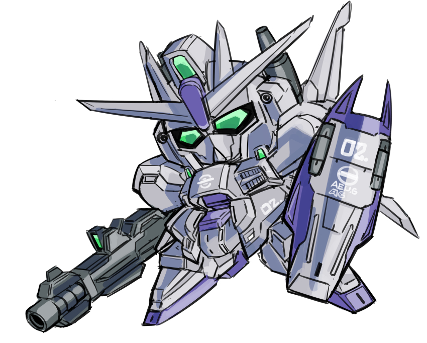 absurdres, chibi, commentary, commission, english_commentary, green_eyes, gun, gundam