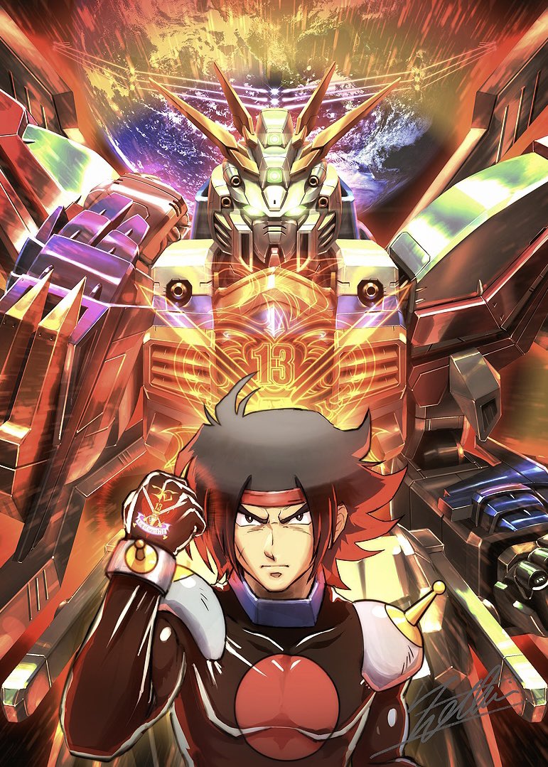 1boy, black_bodysuit, black_eyes, black_hair, bodysuit, clenched_hand, domon_kasshu, facial_scar, g_gundam, glowing, glowing_eyes, god_gundam, green_eyes, gundam, hairband, male_focus, mecha, mecha_pilot_suit, mobile_trace_suit, pilot_suit, red_hairband, robot, scar, scar_on_cheek, scar_on_face, totthii0081, upper_body, v-shaped_eyebrows