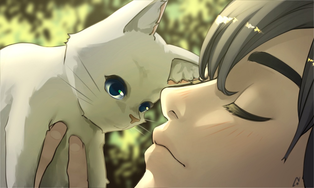 1boy, alternate_form, animal, bad_id, bad_pixiv_id, black_hair, blue_eyes, cat