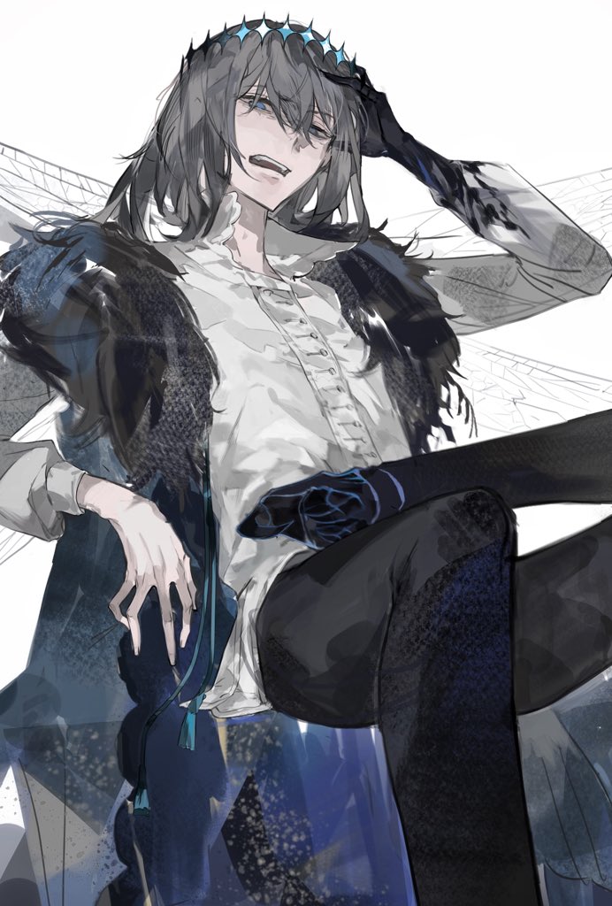 1boy, alternate_hair_color, arthropod_boy, black_hair, black_pants, blue_eyes, cape, claws