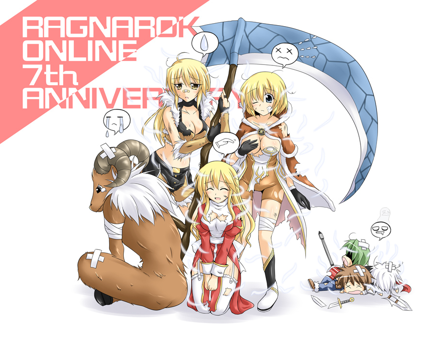3boys, 3girls, assassin_cross_(ragnarok_online), axe, bandages, bandaid, baphomet_(mythology), baphomet_(ragnarok_online), black_eyes, blonde_hair, blue_eyes, breasts, broken, broken_sword, broken_weapon, brown_hair, choker, cleavage, closed_eyes, covering_breasts, covering_privates, dagger, elbow_gloves, fur, garter_straps, gloves, green_hair, high_priest_(ragnarok_online), high_wizard_(ragnarok_online), high_wizard_kathryne, horns, huge_weapon, kathryne_keyron, kirisaki_byakko, kneeling, knife, large_breasts, long_hair, lord_knight_(ragnarok_online), lying, margaretha_sorin, multiple_boys, multiple_girls, on_stomach, open_mouth, own_hands_clasped, own_hands_together, ragnarok_online, scarf, scythe, short_hair, shorts, simple_background, sitting, sniper_(ragnarok_online), sweatdrop, sword, teardrop, tears, thighhighs, torn_clothes, weapon, white_hair, white_thighhighs, whitesmith_(ragnarok_online), wince, x_x, yellow_eyes