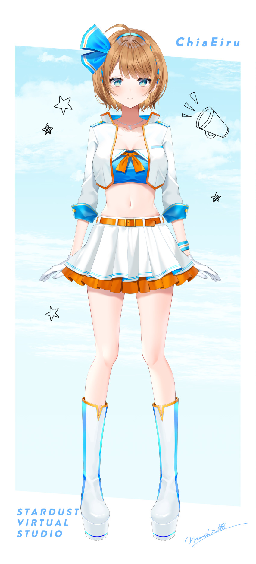 1girl, absurdres, belt, belt_buckle, blue_sky, boots, breasts, brown_belt